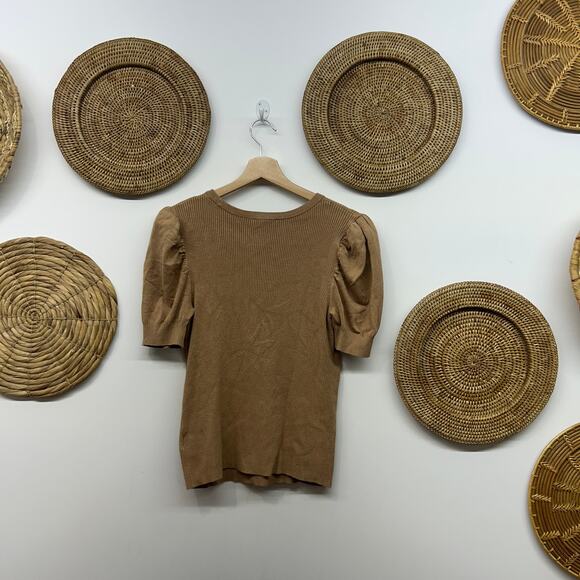 Express Short Sleeve Knit Sweater Large Neutral Brown Puff Sleeve Ribbed Preppy - Picture 2 of 6